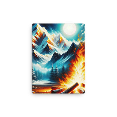Ölgemälde von Feuer und Eis: Lagerfeuer und Alpen im Kontrast, warme Flammen - Dünne Leinwand camping xxx yyy zzz 30.5 x 40.6 cm