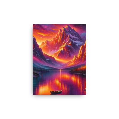 Ölgemälde eines Bootes auf einem Bergsee bei Sonnenuntergang, lebendige Orange-Lila Töne - Dünne Leinwand berge xxx yyy zzz 30.5 x 40.6 cm