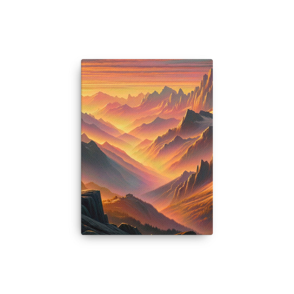 Ölgemälde der Alpen in der goldenen Stunde mit Wanderer, Orange-Rosa Bergpanorama - Dünne Leinwand wandern xxx yyy zzz 30.5 x 40.6 cm