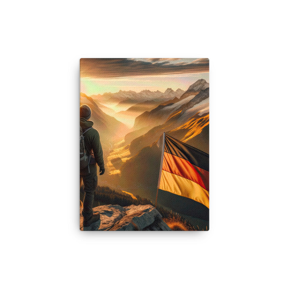 Foto der Alpen bei Sonnenuntergang mit deutscher Flagge und Wanderer, goldenes Licht auf Schneegipfeln - Dünne Leinwand berge xxx yyy zzz 30.5 x 40.6 cm