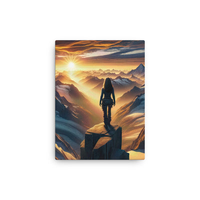 Fotorealistische Darstellung der Alpen bei Sonnenaufgang, Wanderin unter einem gold-purpurnen Himmel - Dünne Leinwand wandern xxx yyy zzz 30.5 x 40.6 cm