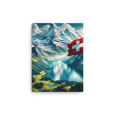 Ultraepische, fotorealistische Darstellung der Schweizer Alpenlandschaft mit Schweizer Flagge - Dünne Leinwand berge xxx yyy zzz 30.5 x 40.6 cm