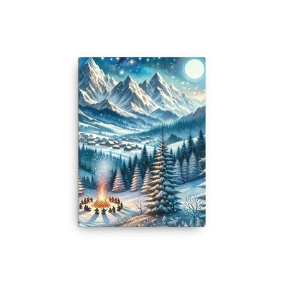 Aquarell eines Winterabends in den Alpen mit Lagerfeuer und Wanderern, glitzernder Neuschnee - Dünne Leinwand camping xxx yyy zzz 30.5 x 40.6 cm