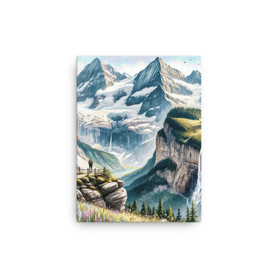 Aquarell-Panoramablick der Alpen mit schneebedeckten Gipfeln, Wasserfällen und Wanderern - Dünne Leinwand wandern xxx yyy zzz 30.5 x 40.6 cm