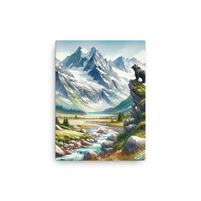 Aquarellmalerei eines Bären und der sommerlichen Alpenschönheit mit schneebedeckten Ketten - Dünne Leinwand camping xxx yyy zzz 30.5 x 40.6 cm
