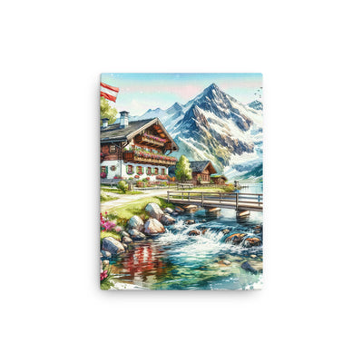 Aquarell der frühlingshaften Alpenkette mit österreichischer Flagge und schmelzendem Schnee - Dünne Leinwand berge xxx yyy zzz 30.5 x 40.6 cm