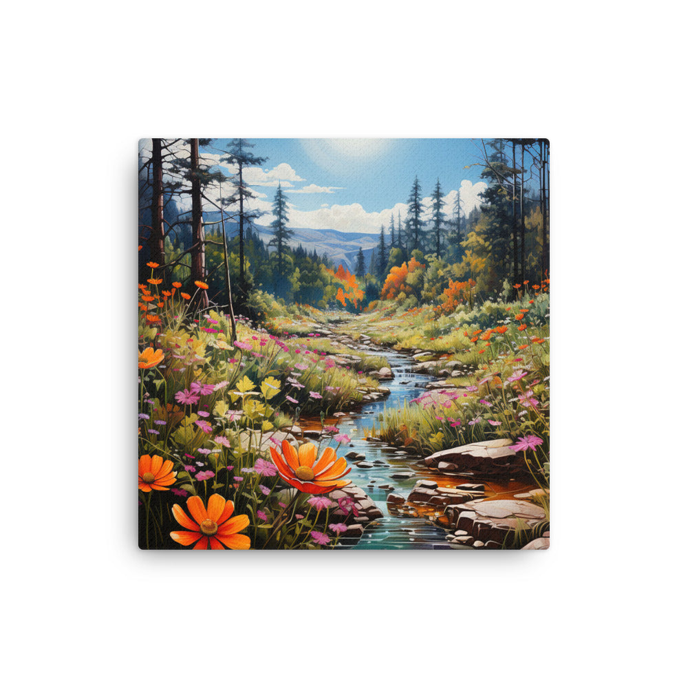 Berge, schöne Blumen und Bach im Wald - Dünne Leinwand berge xxx 40.6 x 40.6 cm