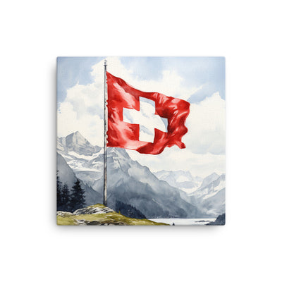 Schweizer Flagge und Berge im Hintergrund - Epische Stimmung - Malerei - Dünne Leinwand berge xxx 40.6 x 40.6 cm