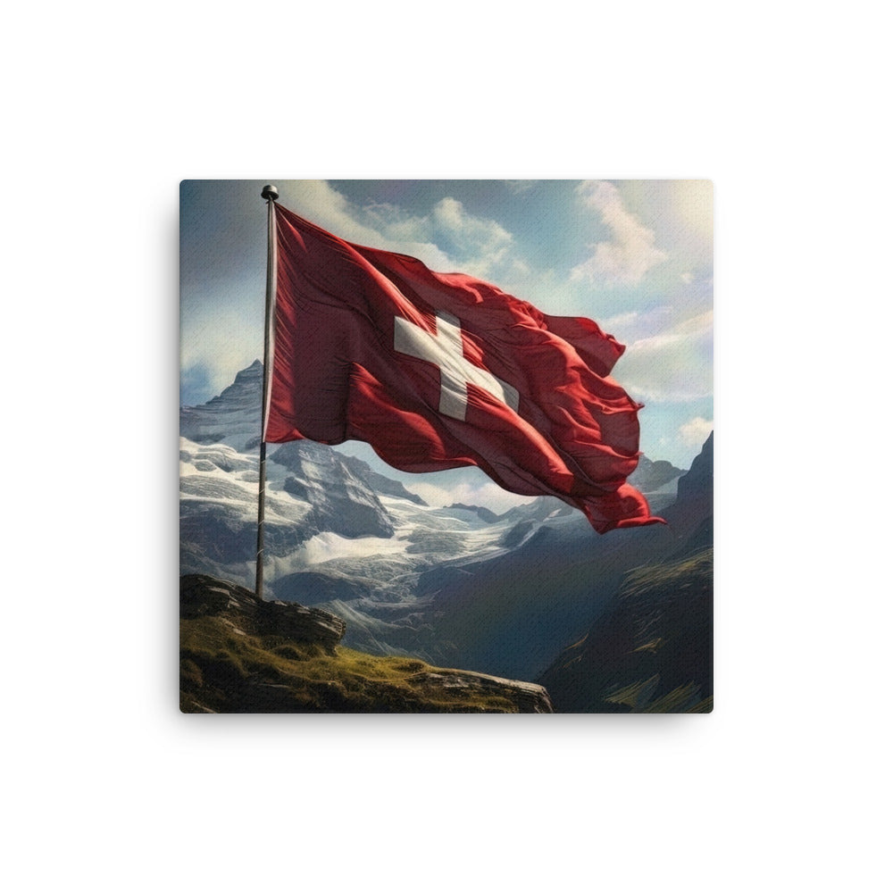 Schweizer Flagge und Berge im Hintergrund - Fotorealistische Malerei - Dünne Leinwand berge xxx 40.6 x 40.6 cm