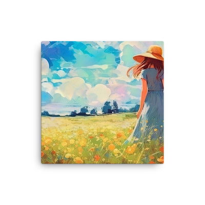 Dame mit Hut im Feld mit Blumen - Landschaftsmalerei - Dünne Leinwand camping xxx 40.6 x 40.6 cm