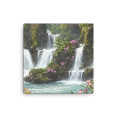 Wasserfall im Wald und Blumen - Schöne Malerei - Dünne Leinwand camping xxx 40.6 x 40.6 cm