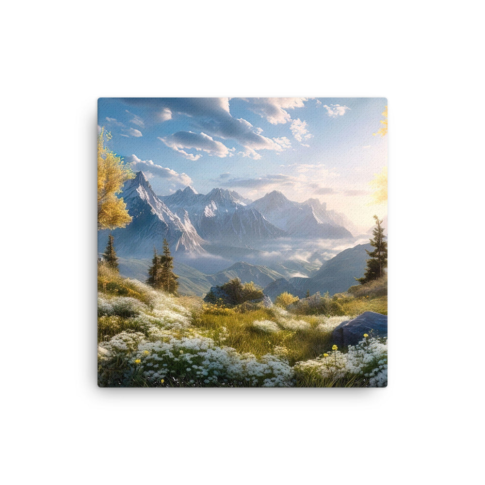 Berglandschaft mit Sonnenschein, Blumen und Bäumen - Malerei - Dünne Leinwand berge xxx 40.6 x 40.6 cm