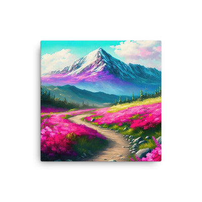 Berg, pinke Blumen und Wanderweg - Landschaftsmalerei - Dünne Leinwand berge xxx 40.6 x 40.6 cm