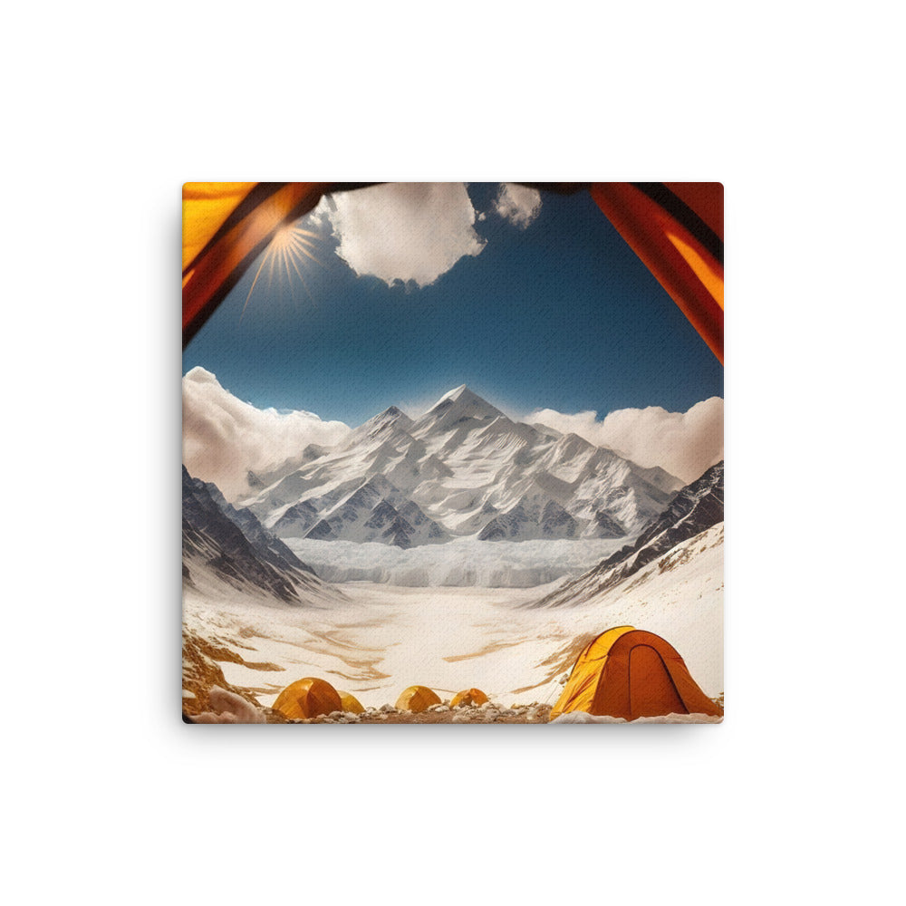 Foto aus dem Zelt - Berge und Zelte im Hintergrund - Tagesaufnahme - Dünne Leinwand camping xxx 40.6 x 40.6 cm