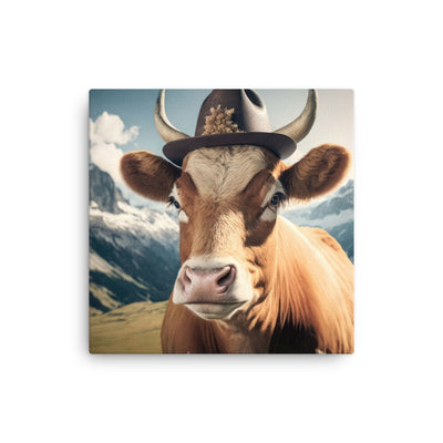 Kuh mit Hut in den Alpen - Berge im Hintergrund - Landschaftsmalerei - Dünne Leinwand berge xxx 40.6 x 40.6 cm