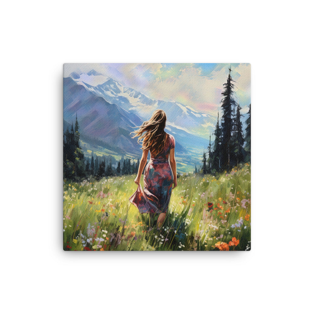 Frau mit langen Kleid im Feld mit Blumen - Berge im Hintergrund - Malerei - Dünne Leinwand berge xxx 40.6 x 40.6 cm