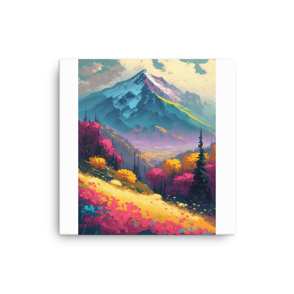 Berge, pinke und gelbe Bäume, sowie Blumen - Farbige Malerei - Dünne Leinwand berge xxx 40.6 x 40.6 cm