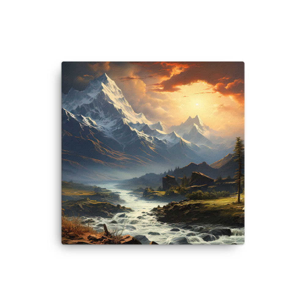 Berge, Sonne, steiniger Bach und Wolken - Epische Stimmung - Dünne Leinwand berge xxx 40.6 x 40.6 cm