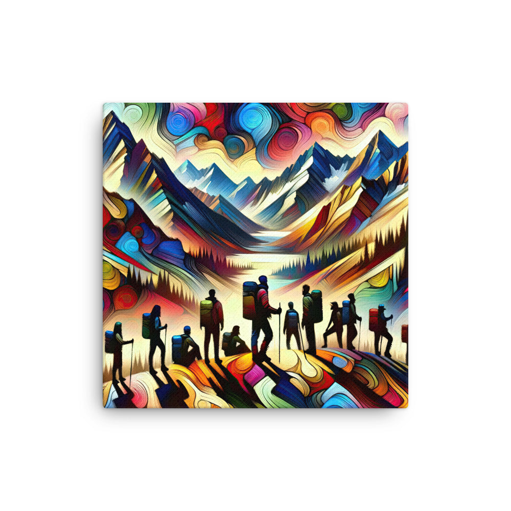 Abstraktes Kunstgemälde der Alpen voller lebendiger Muster. Ein vielfältiges Wanderteam, sowohl Männer als auch Frauen - Thin Canvas wandern xxx yyy zzz 40.6 x 40.6 cm