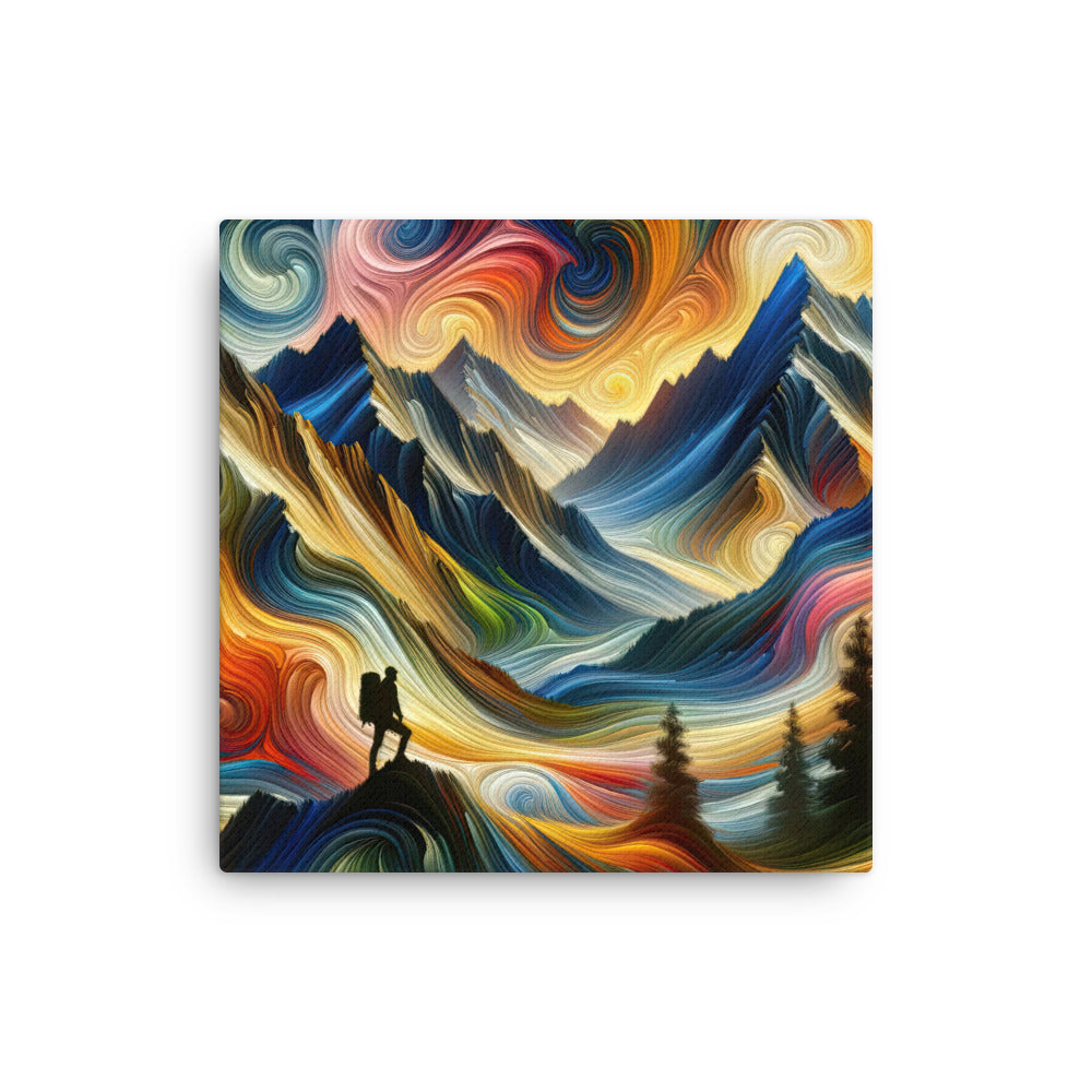 Abstraktes Kunstgemälde der Alpen mit wirbelnden, lebendigen Farben und dynamischen Mustern. Wanderer Silhouette - Dünne Leinwand wandern xxx yyy zzz 40.6 x 40.6 cm