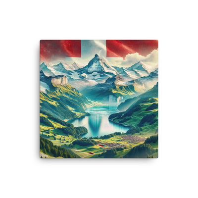 Berg Panorama: Schneeberge und Täler mit Schweizer Flagge - Dünne Leinwand berge xxx yyy zzz 40.6 x 40.6 cm