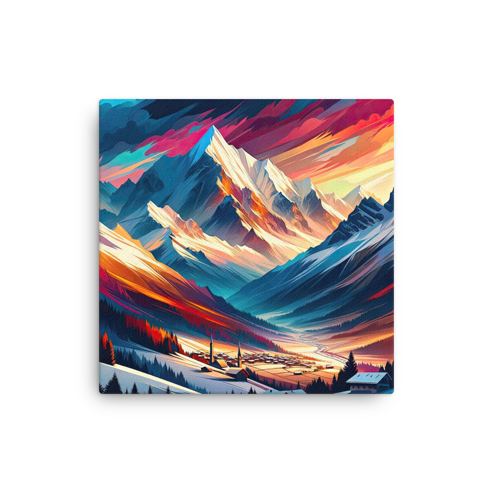 Moderne geometrische Alpen Kunst: Warmer Sonnenuntergangs Schein auf Schneegipfeln - Dünne Leinwand berge xxx yyy zzz 40.6 x 40.6 cm