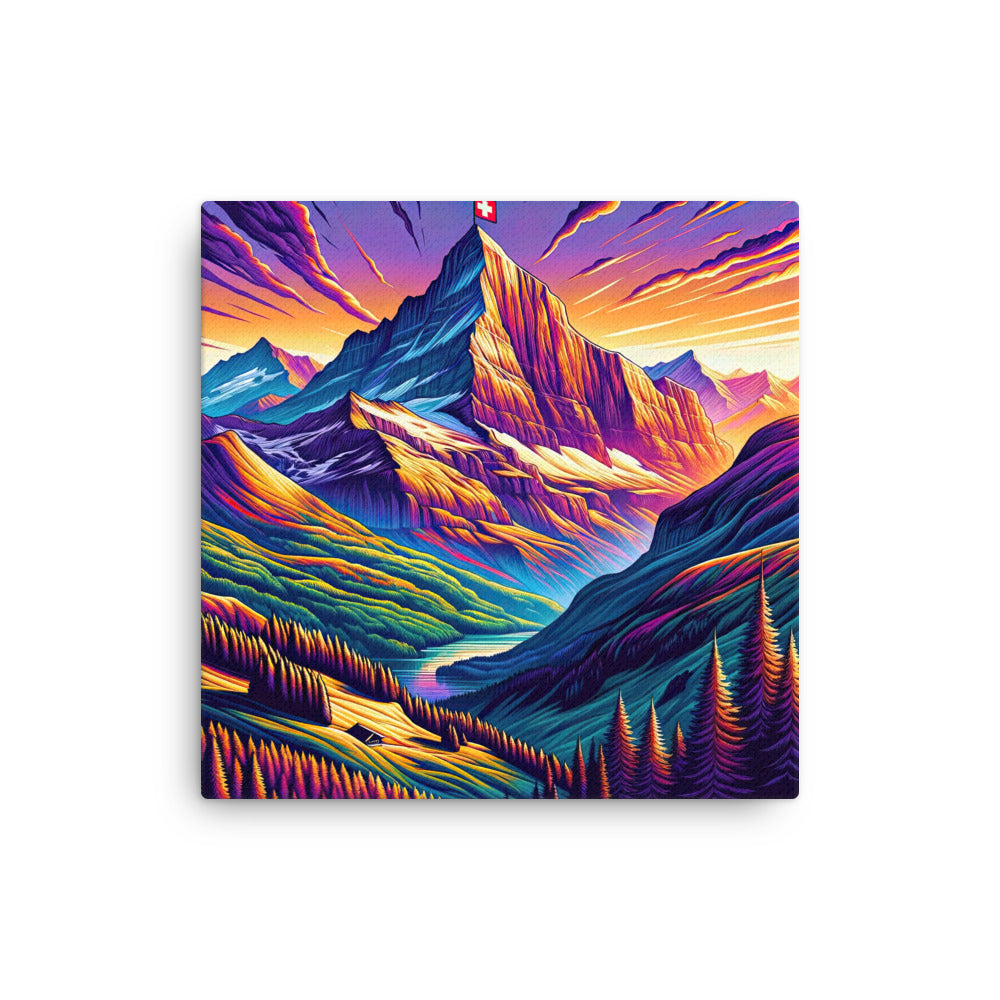 Bergpracht mit Schweizer Flagge: Farbenfrohe Illustration einer Berglandschaft - Dünne Leinwand berge xxx yyy zzz 40.6 x 40.6 cm