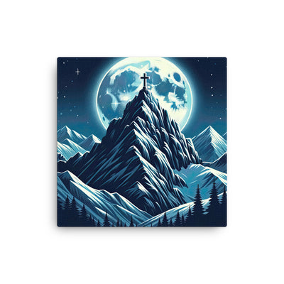 Mondnacht und Gipfelkreuz in den Alpen, glitzernde Schneegipfel - Dünne Leinwand berge xxx yyy zzz 40.6 x 40.6 cm