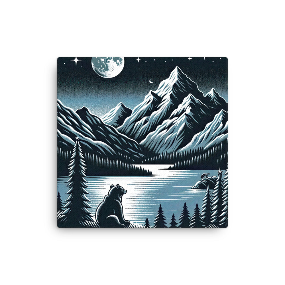 Bär in Alpen-Mondnacht, silberne Berge, schimmernde Seen - Dünne Leinwand camping xxx yyy zzz 40.6 x 40.6 cm