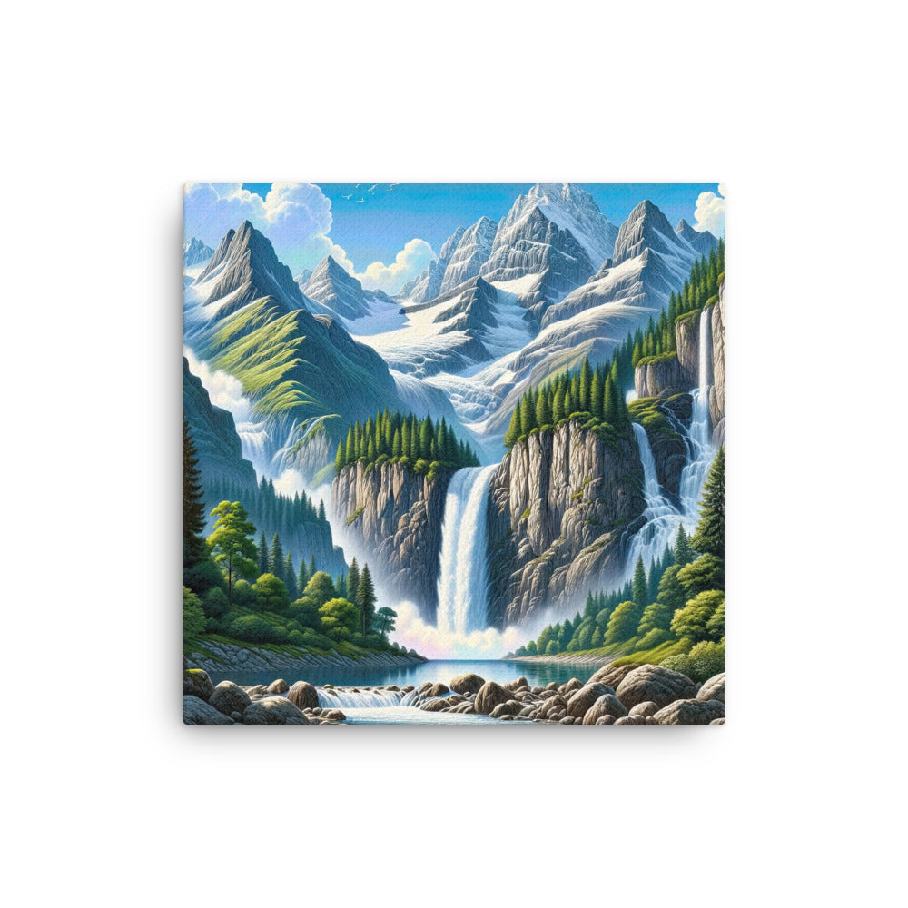 Illustration einer unberührten Alpenkulisse im Hochsommer. Wasserfall und See - Dünne Leinwand berge xxx yyy zzz 40.6 x 40.6 cm