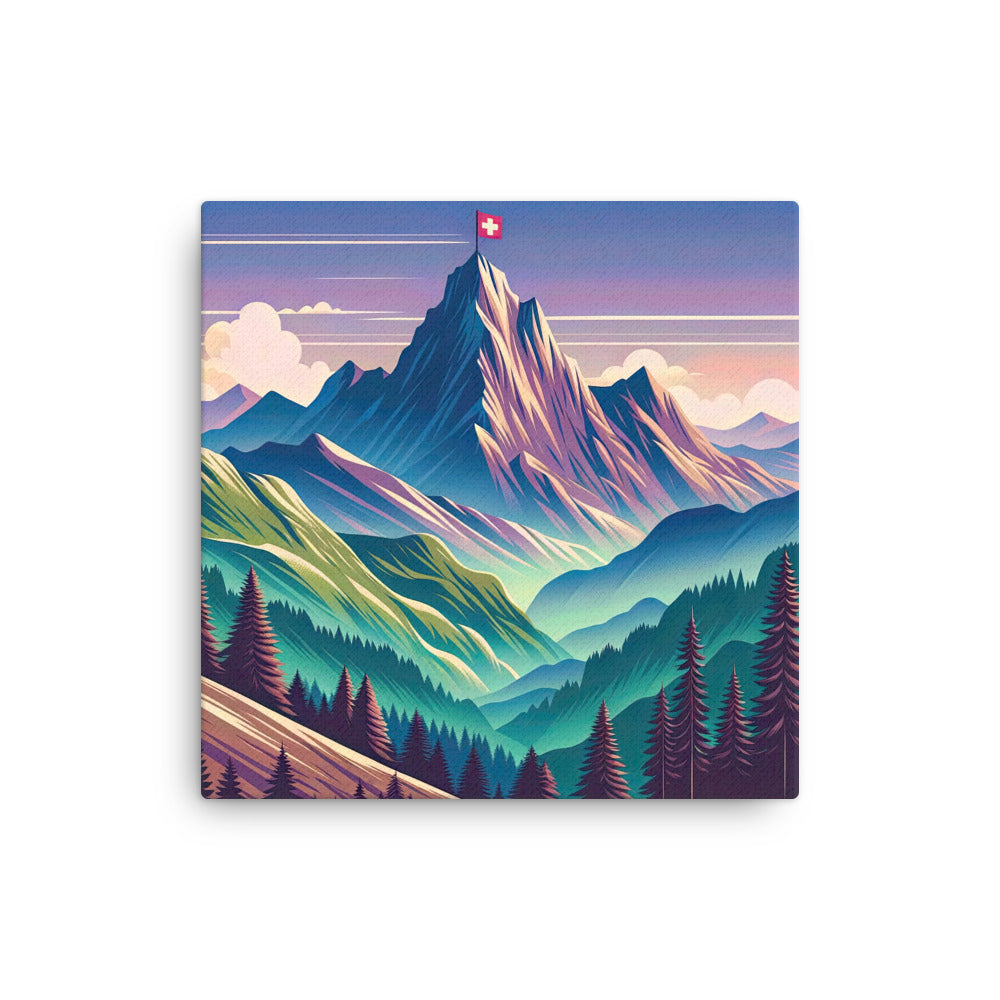 Harmonische Berglandschaft mit Schweizer Flagge auf Gipfel - Dünne Leinwand berge xxx yyy zzz 40.6 x 40.6 cm