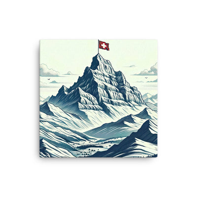 Ausgedehnte Bergkette mit dominierendem Gipfel und wehender Schweizer Flagge - Dünne Leinwand berge xxx yyy zzz 40.6 x 40.6 cm