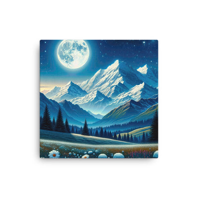 Klare frühlingshafte Alpennacht mit Blumen und Vollmond über Schneegipfeln - Dünne Leinwand berge xxx yyy zzz 40.6 x 40.6 cm