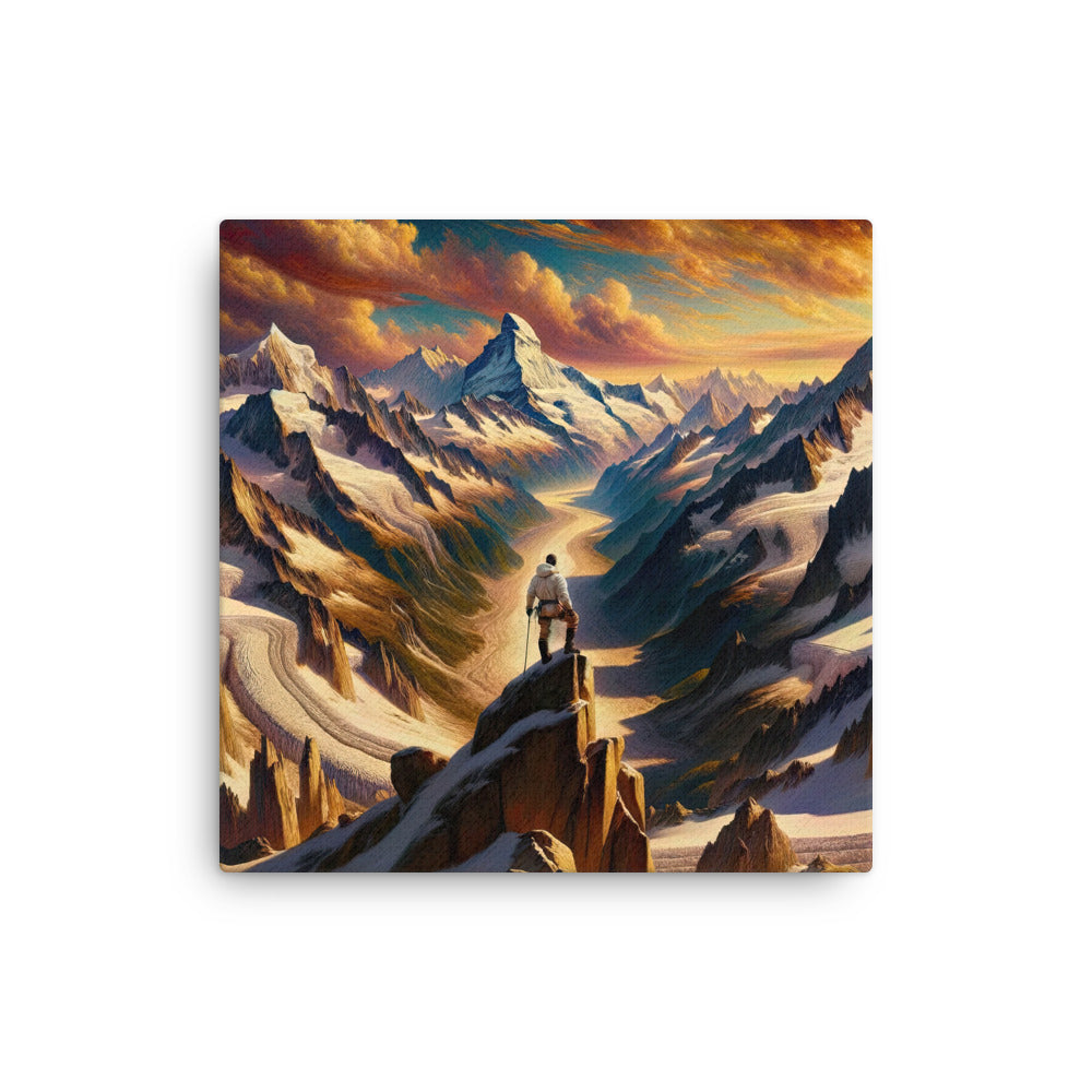 Ölgemälde eines Wanderers auf einem Hügel mit Panoramablick auf schneebedeckte Alpen und goldenen Himmel - Dünne Leinwand wandern xxx yyy zzz 40.6 x 40.6 cm