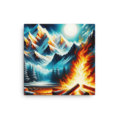 Ölgemälde von Feuer und Eis: Lagerfeuer und Alpen im Kontrast, warme Flammen - Dünne Leinwand camping xxx yyy zzz 40.6 x 40.6 cm