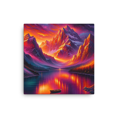 Ölgemälde eines Bootes auf einem Bergsee bei Sonnenuntergang, lebendige Orange-Lila Töne - Dünne Leinwand berge xxx yyy zzz 40.6 x 40.6 cm