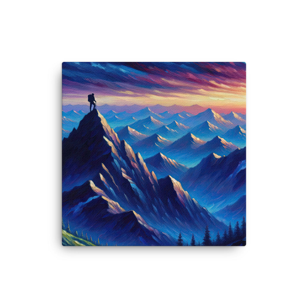Ölgemälde eines ruhigen Alpenabends mit Bergsteigersilhouette auf dem Gipfel - Dünne Leinwand wandern xxx yyy zzz 40.6 x 40.6 cm