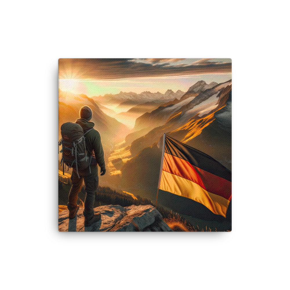 Foto der Alpen bei Sonnenuntergang mit deutscher Flagge und Wanderer, goldenes Licht auf Schneegipfeln - Dünne Leinwand berge xxx yyy zzz 40.6 x 40.6 cm