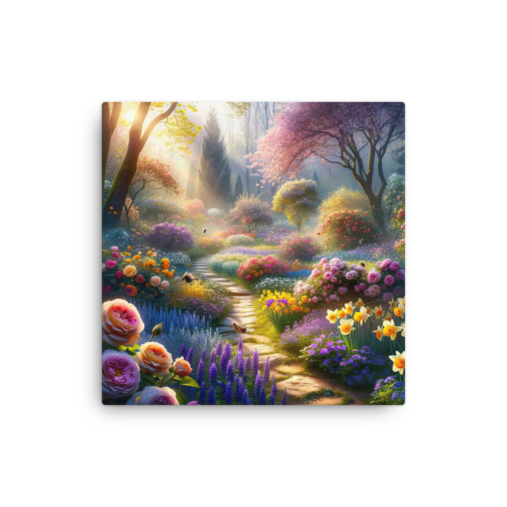 Foto einer Gartenszene im Frühling mit Weg durch blühende Rosen und Veilchen - Dünne Leinwand camping xxx yyy zzz 40.6 x 40.6 cm