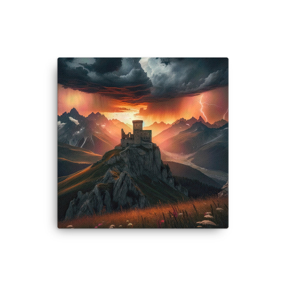 Foto einer Alpenburg bei stürmischem Sonnenuntergang, dramatische Wolken und Sonnenstrahlen - Dünne Leinwand berge xxx yyy zzz 40.6 x 40.6 cm
