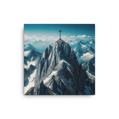 Foto der Alpen mit Gipfelkreuz an einem klaren Tag, schneebedeckte Spitzen vor blauem Himmel - Dünne Leinwand berge xxx yyy zzz 40.6 x 40.6 cm