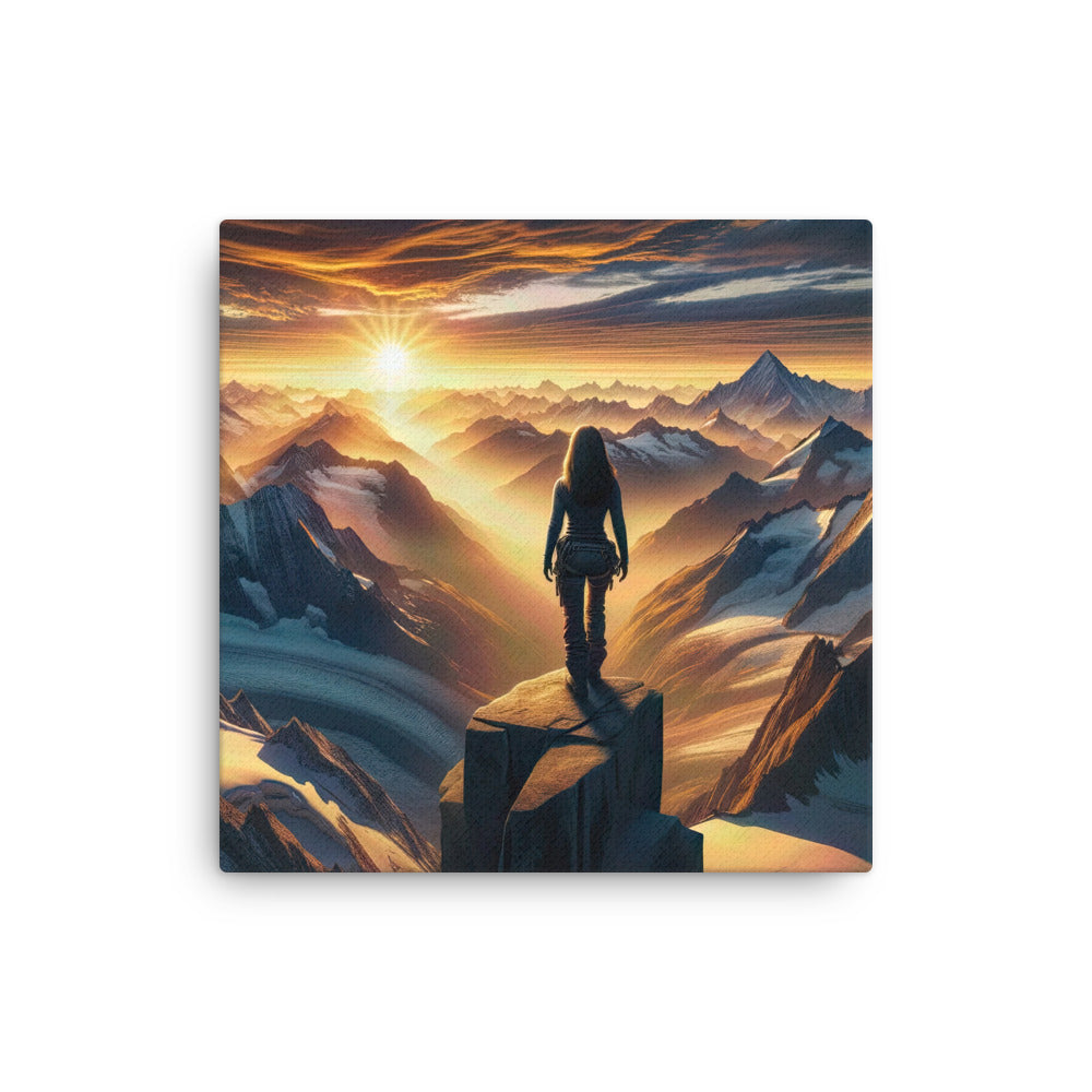Fotorealistische Darstellung der Alpen bei Sonnenaufgang, Wanderin unter einem gold-purpurnen Himmel - Dünne Leinwand wandern xxx yyy zzz 40.6 x 40.6 cm