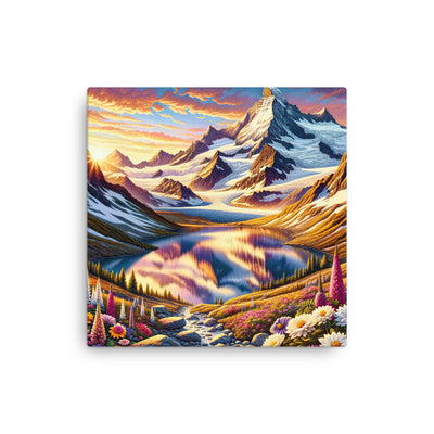 Quadratische Illustration der Alpen mit schneebedeckten Gipfeln und Wildblumen - Dünne Leinwand berge xxx yyy zzz 40.6 x 40.6 cm