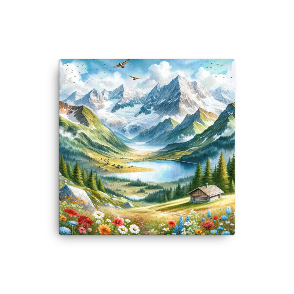 Quadratisches Aquarell der Alpen, Berge mit schneebedeckten Spitzen - Dünne Leinwand berge xxx yyy zzz 40.6 x 40.6 cm