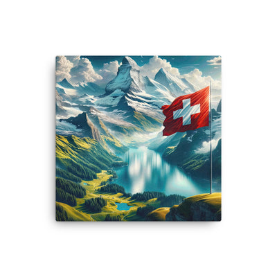 Ultraepische, fotorealistische Darstellung der Schweizer Alpenlandschaft mit Schweizer Flagge - Dünne Leinwand berge xxx yyy zzz 40.6 x 40.6 cm
