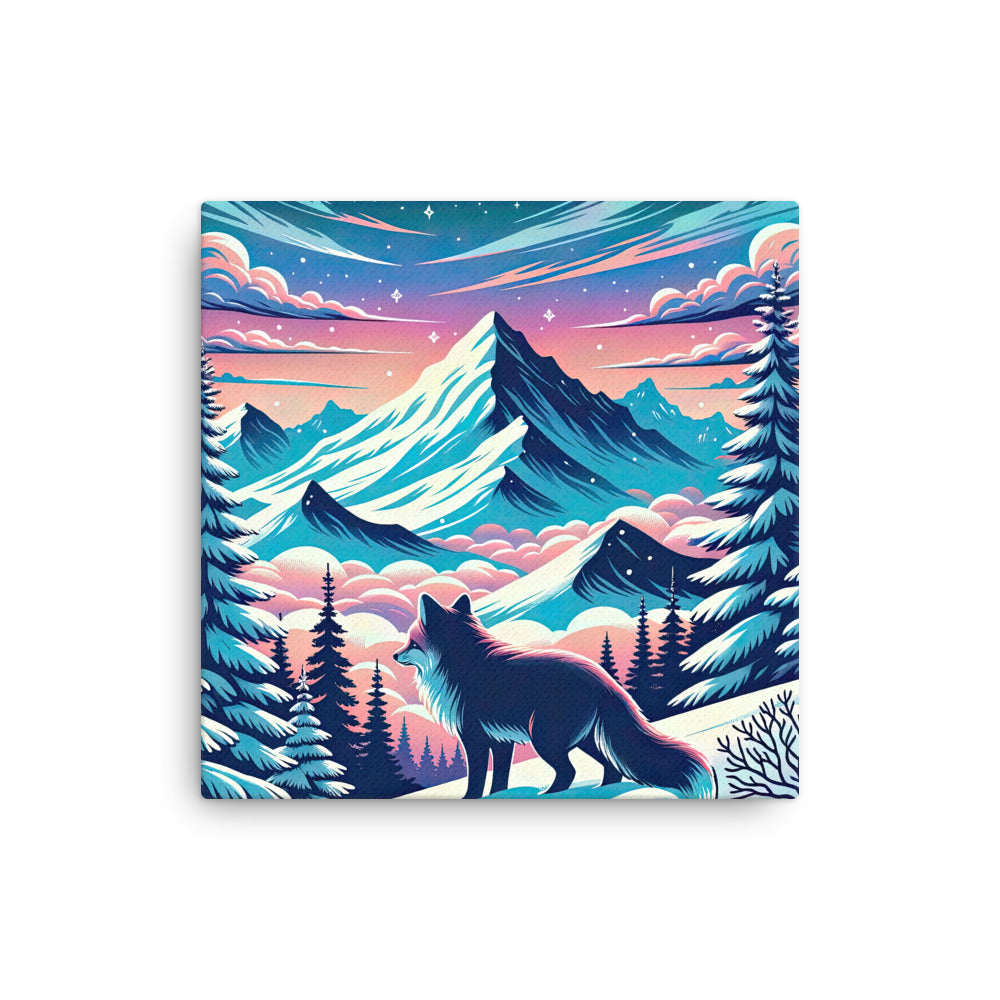 Vektorgrafik eines alpinen Winterwunderlandes mit schneebedeckten Kiefern und einem Fuchs - Dünne Leinwand camping xxx yyy zzz 40.6 x 40.6 cm