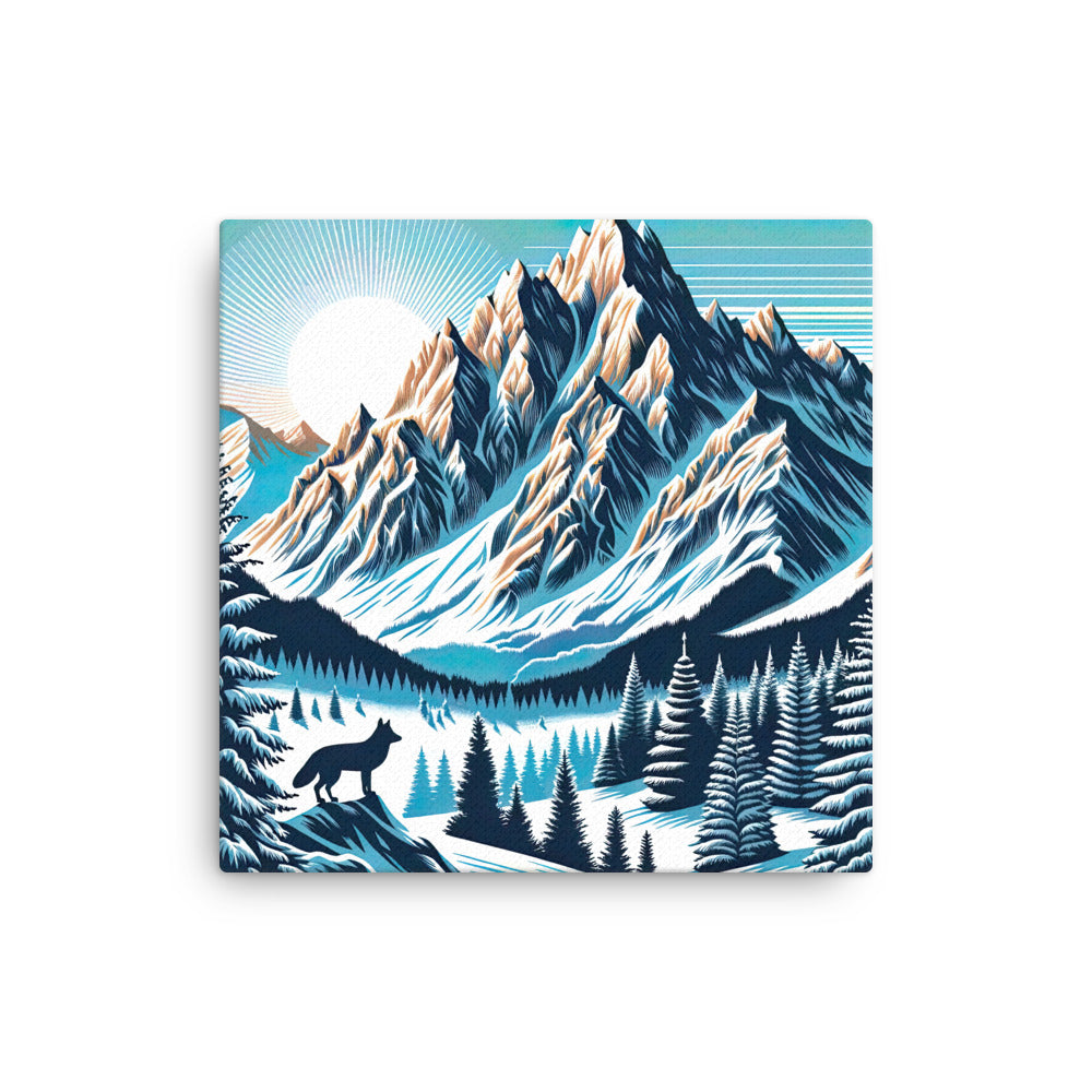 Vektorgrafik eines Wolfes im winterlichen Alpenmorgen, Berge mit Schnee- und Felsmustern - Dünne Leinwand berge xxx yyy zzz 40.6 x 40.6 cm