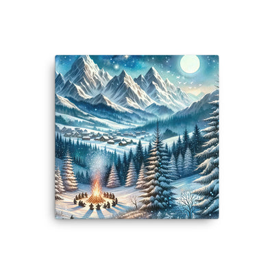 Aquarell eines Winterabends in den Alpen mit Lagerfeuer und Wanderern, glitzernder Neuschnee - Dünne Leinwand camping xxx yyy zzz 40.6 x 40.6 cm