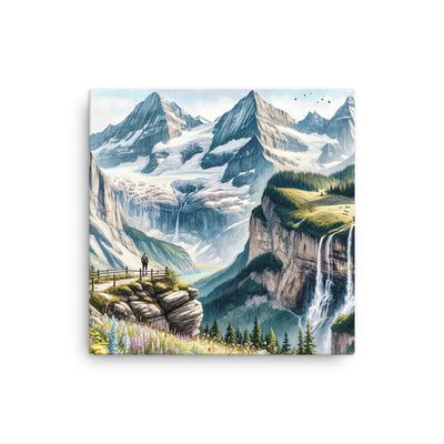 Aquarell-Panoramablick der Alpen mit schneebedeckten Gipfeln, Wasserfällen und Wanderern - Dünne Leinwand wandern xxx yyy zzz 40.6 x 40.6 cm