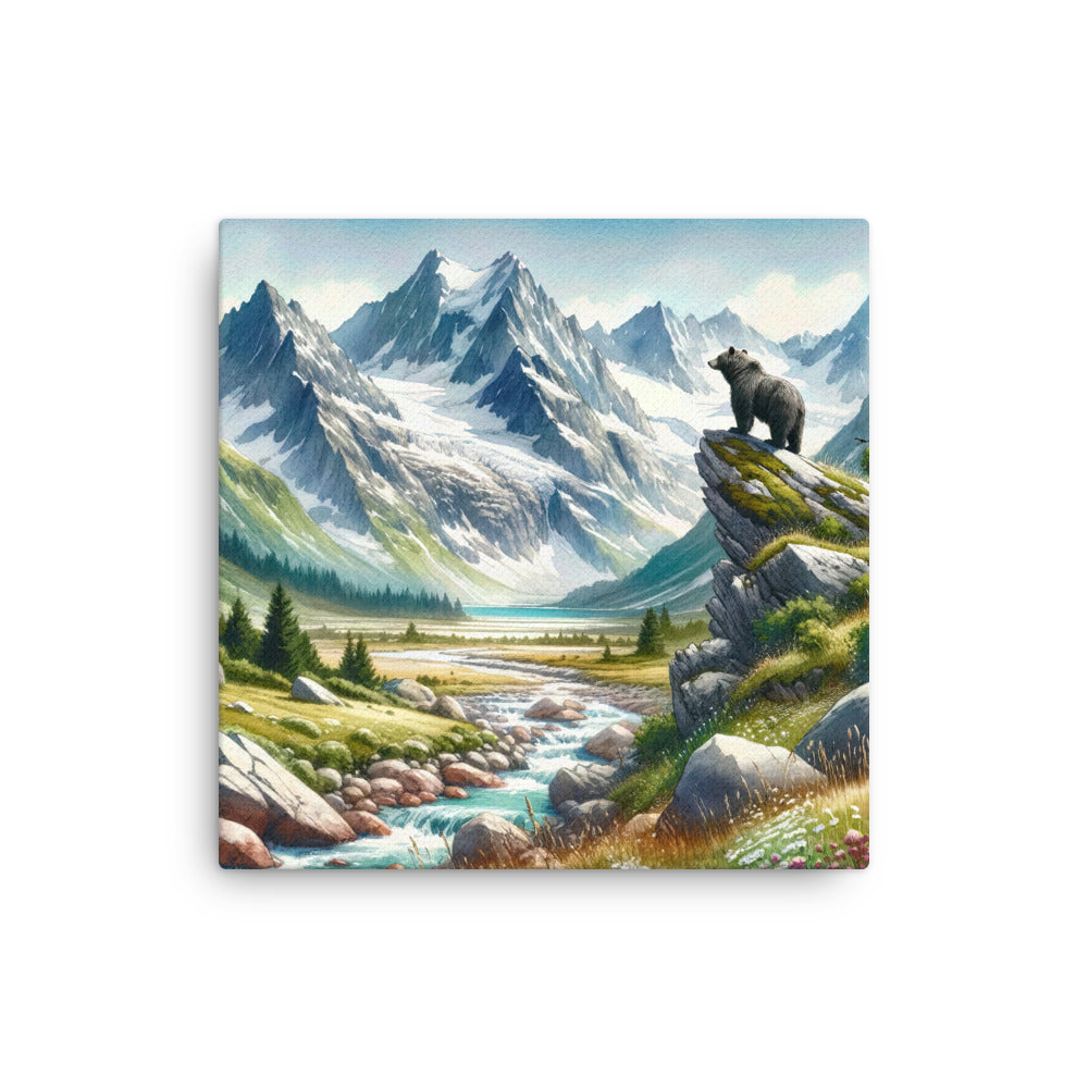 Aquarellmalerei eines Bären und der sommerlichen Alpenschönheit mit schneebedeckten Ketten - Dünne Leinwand camping xxx yyy zzz 40.6 x 40.6 cm